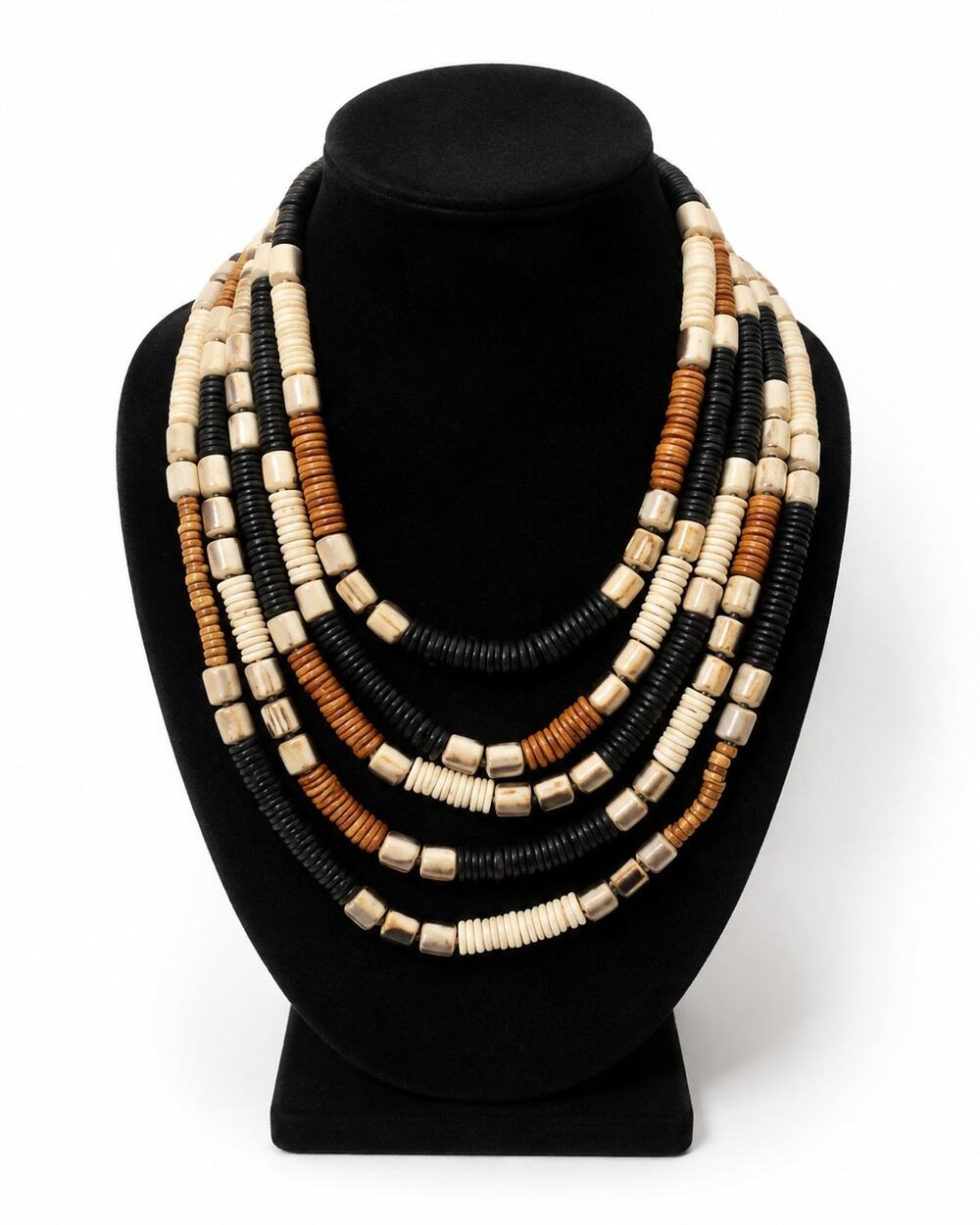 Boho Multi Strand Statement Necklace Chunky Beaded Bib Mixed Neutral Gold Tone